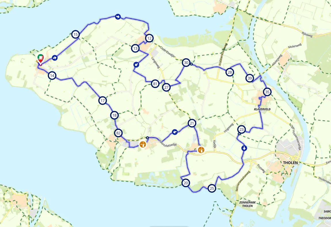 Karte der Radroute entlang der Küste des Nationalparks Oosterschelde