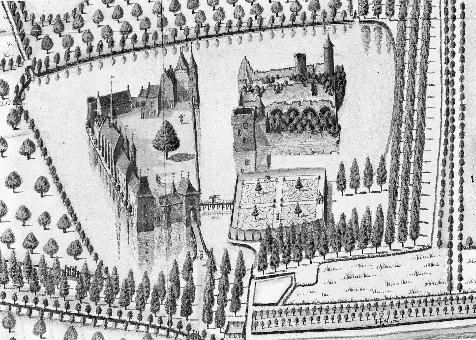 Historische Zeichnung des Schlosses Sint-Maartensdijk
