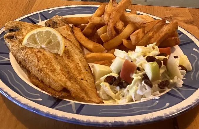 Foto eines frischen Fischgerichts mit Pommes und Salat